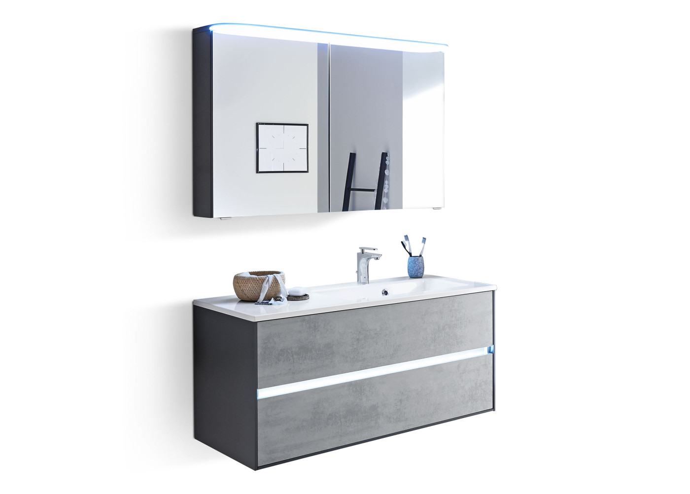 Badkombination BALENO in Spiegel, quarzgrau, oxid hellgrau