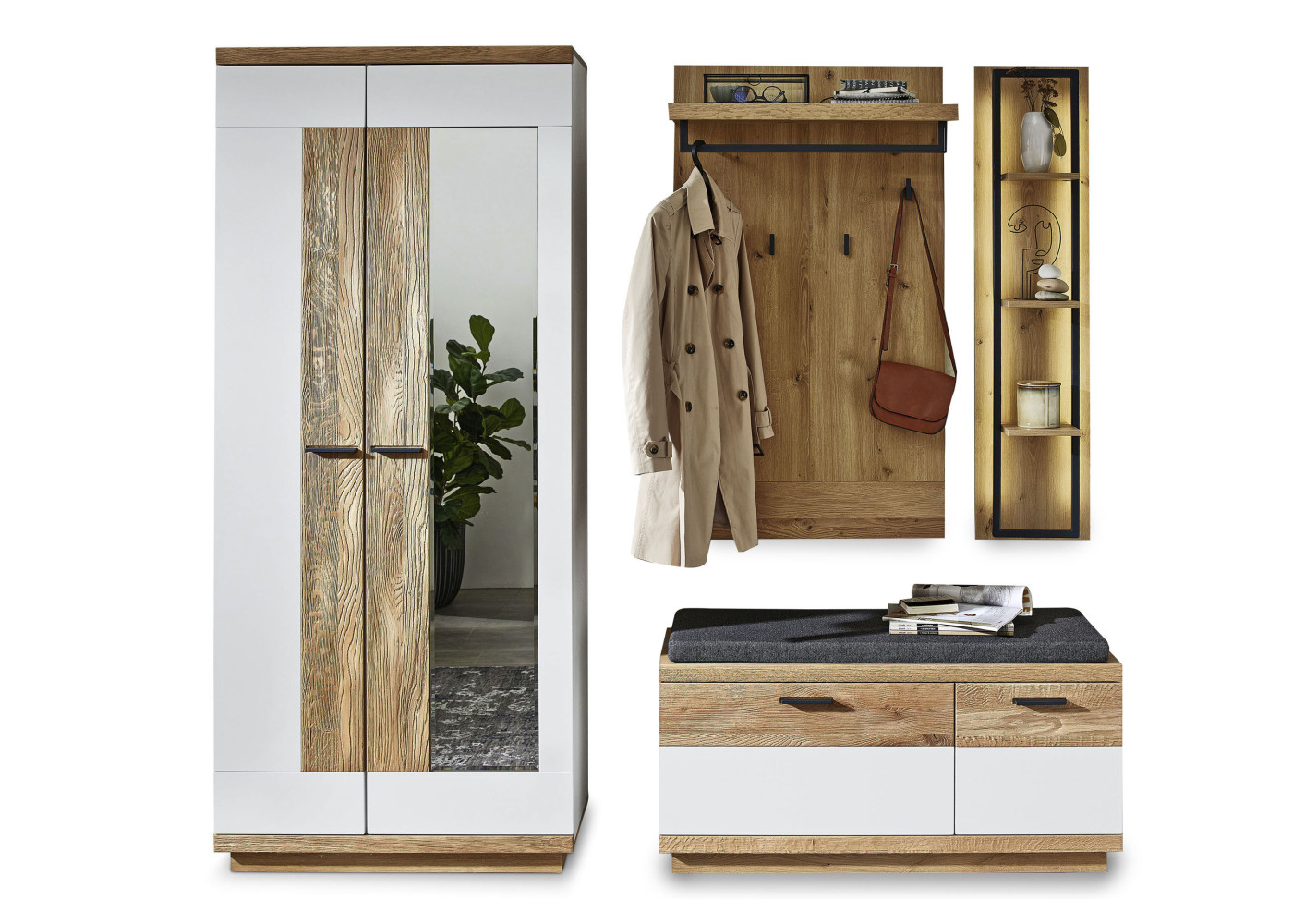 Garderobenkombination LISANA in Wildeiche, weiß, Old Artisan Eiche