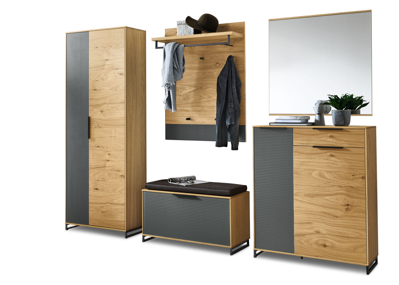 Garderobenkombination ARALIA in Balkeneiche, Eiche bianco, grau