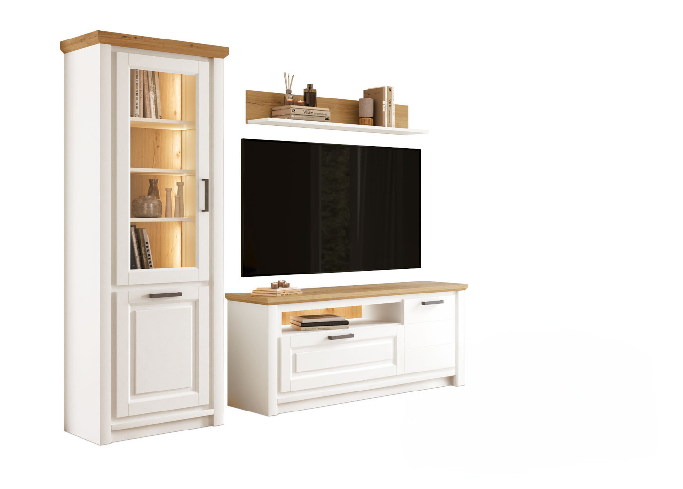 Wohnwand Trato in Reinweiß RAL 9010 matt, markante Wildeiche gewachst