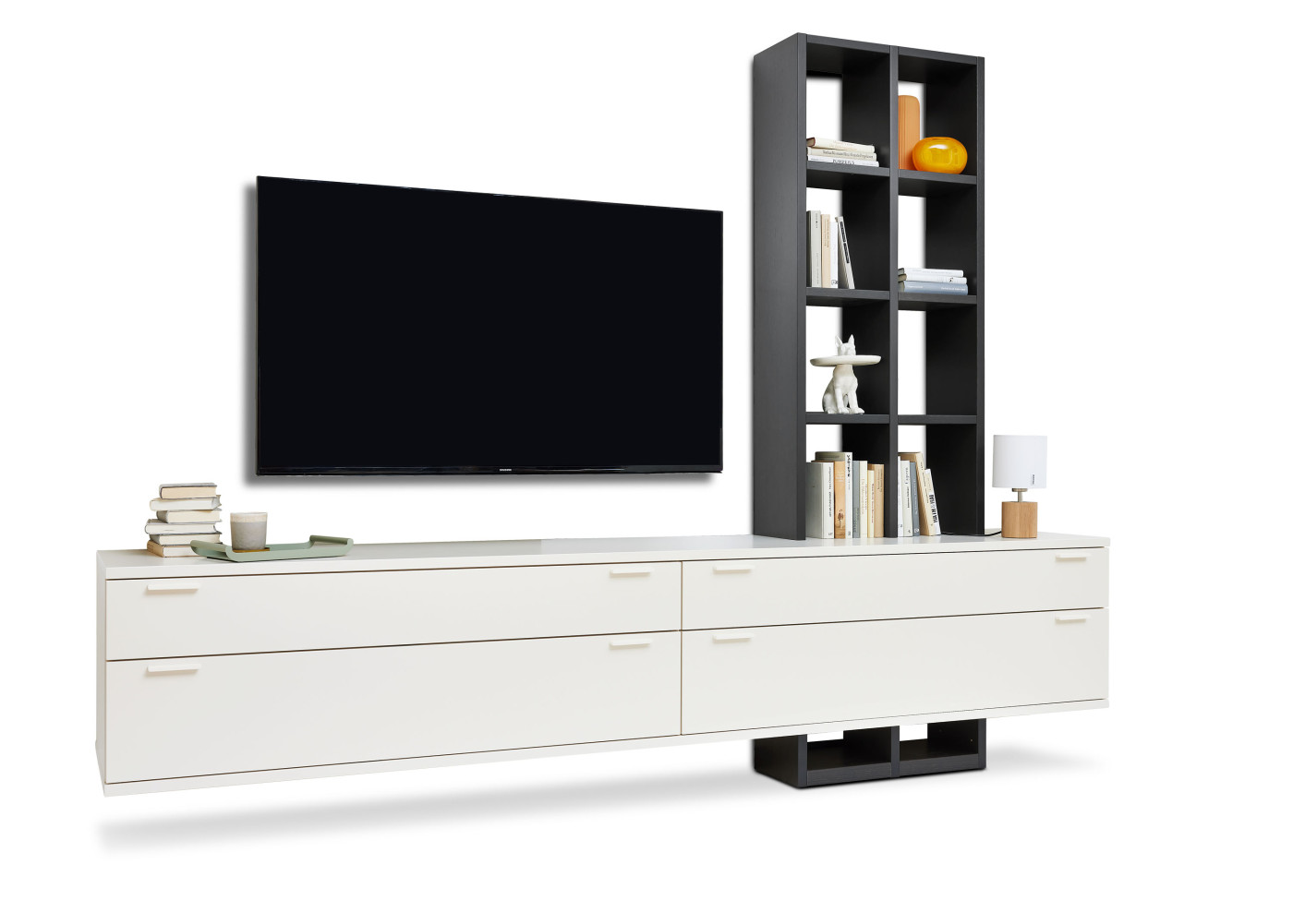 Wohnwand ARTIST in Lack wollweiß/Eiche graphit