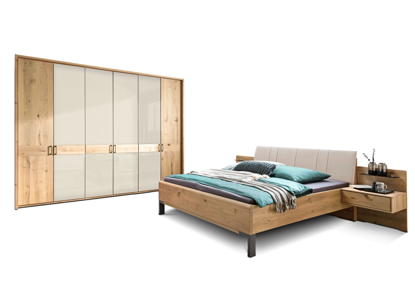 Schlafzimmer AREZZO in Eiche bianco - Glas champagner