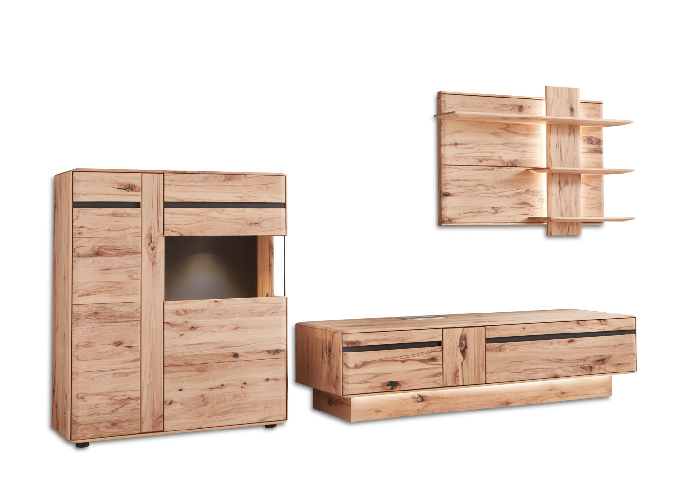 Wohnzimmerkombi  DANORA PLUS in Astbuche massiv, bianco geölt