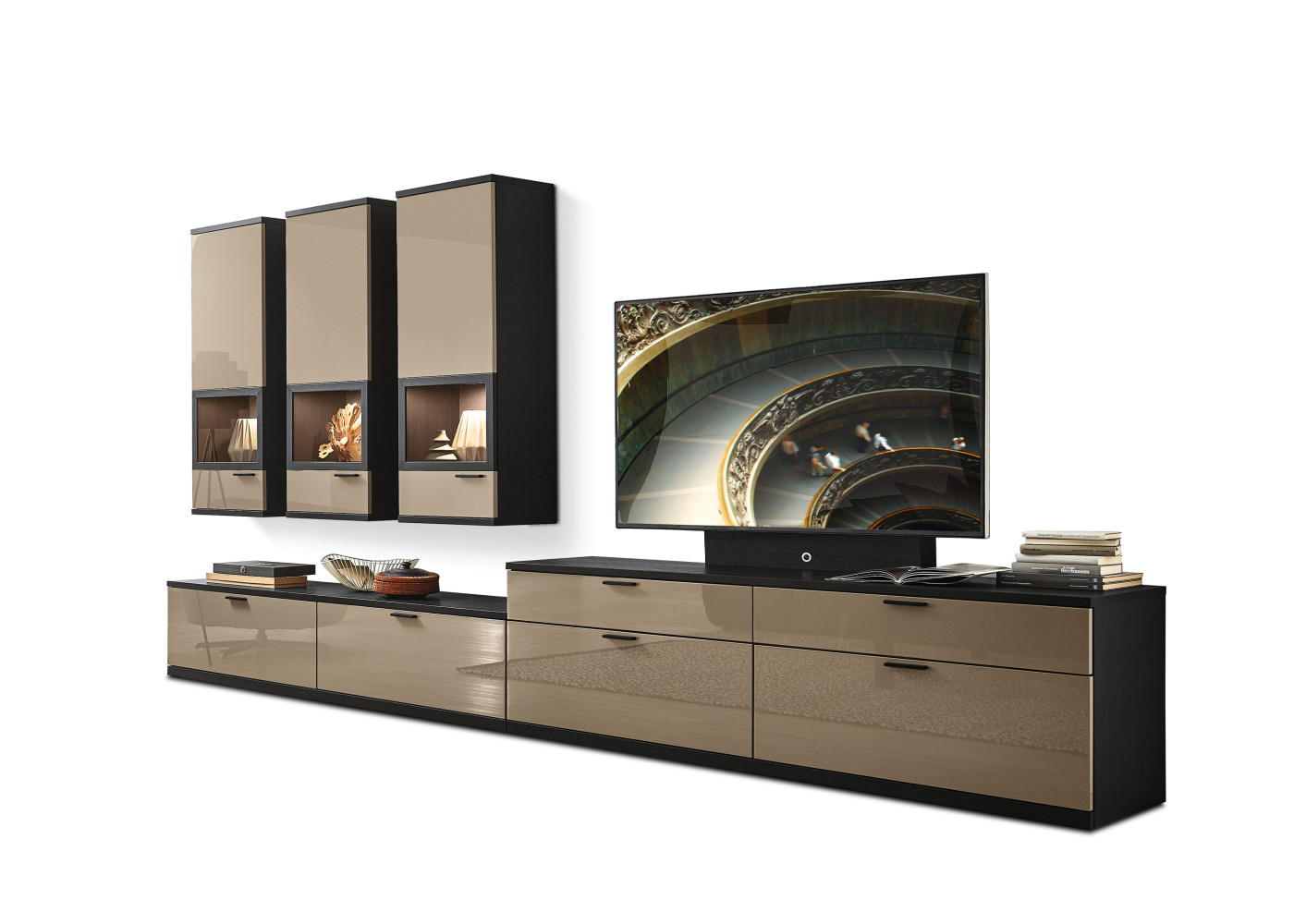 Wohnwand ARTIST in Lack taupe / Eiche graphit