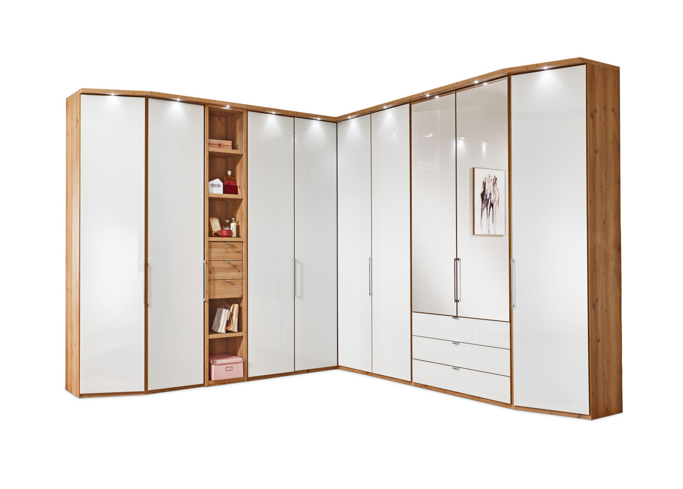 Eck-Funktions-Drehtürenschrank CLIVO in bianco eiche - champagner